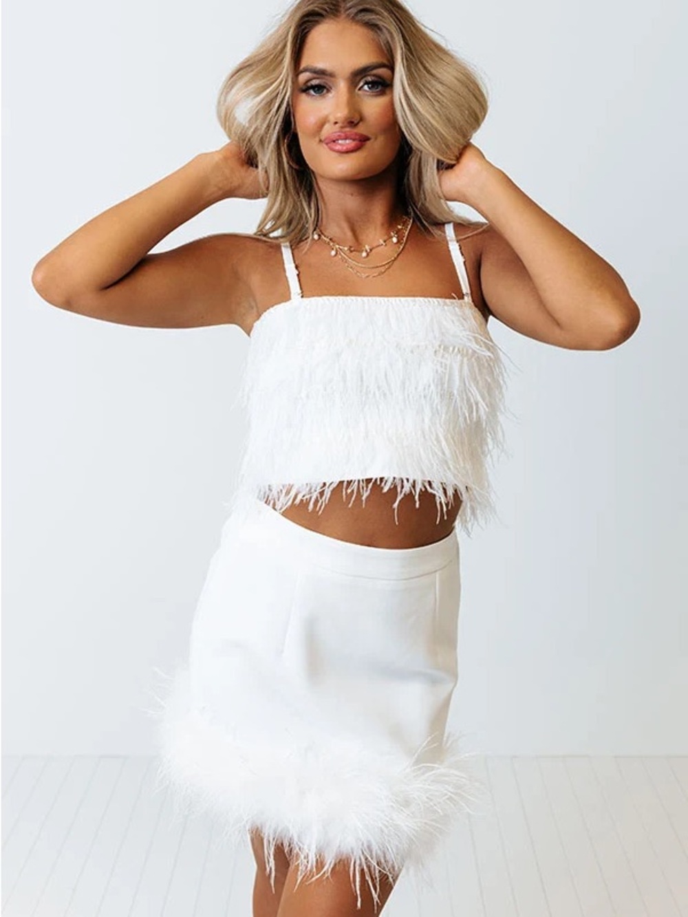 Impressions White Feather-Trim Cropped Tank Top and Skirt